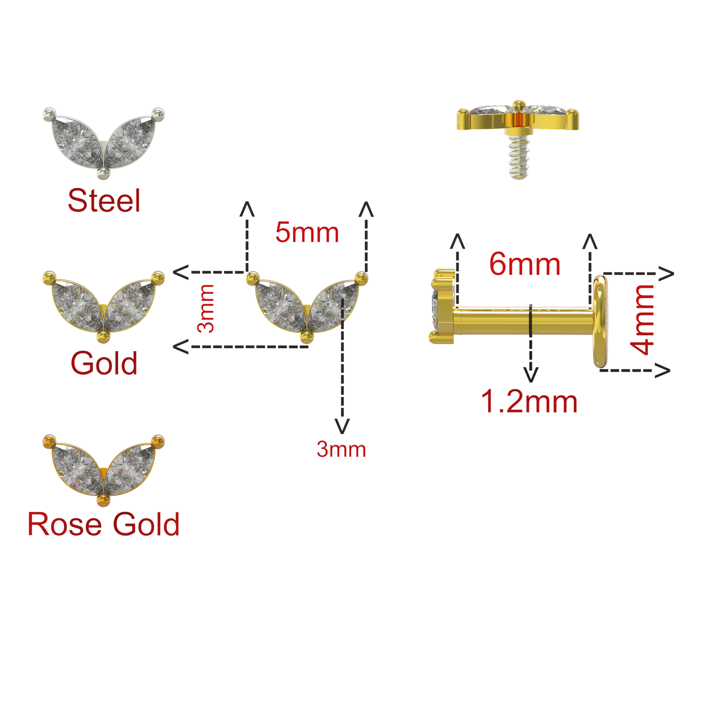 316L Surgical Steel Commelina Marquise CZ Jewelled Flatback Stud - Monster Piercing