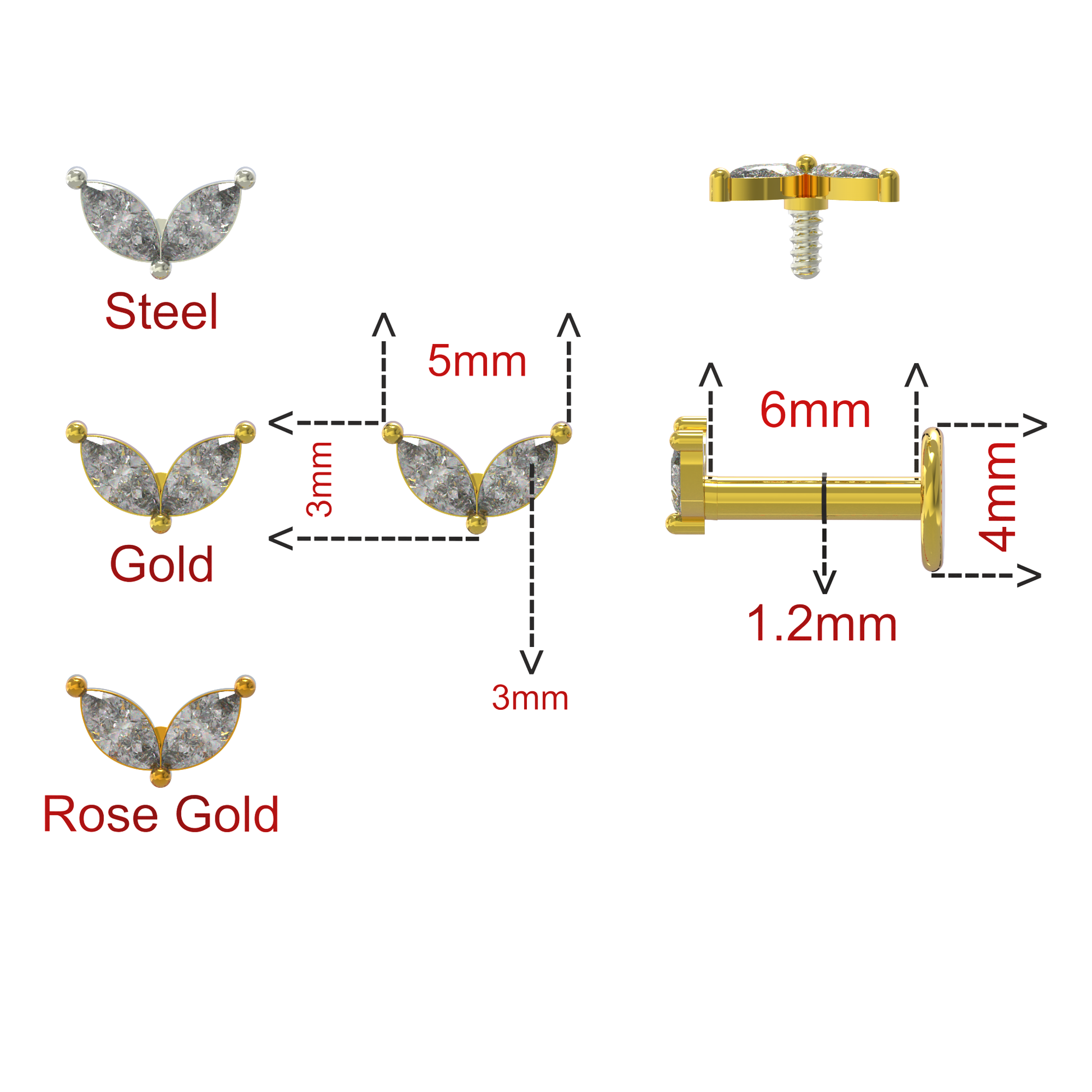 316L Surgical Steel Commelina Marquise CZ Jewelled Flatback Stud - Monster Piercing