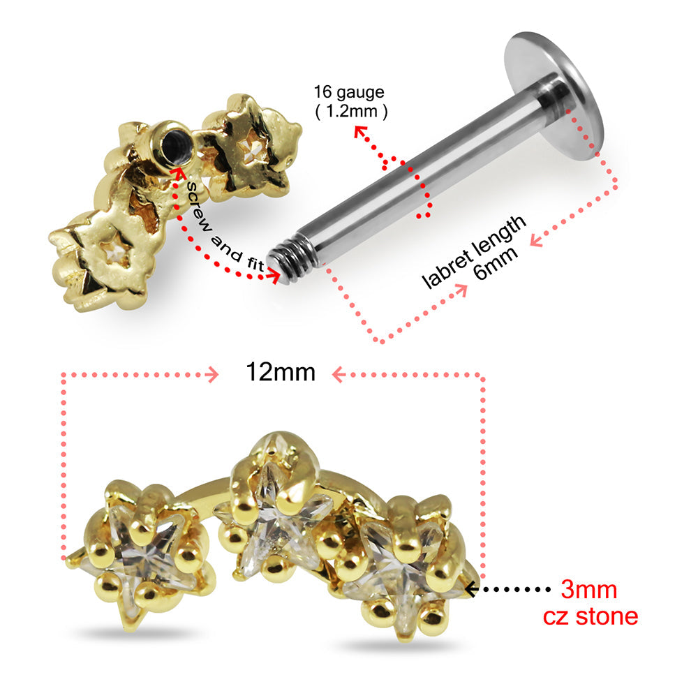 316L Surgical Steel Triple Star CZ Jewelled Flatback Stud - Monster Piercing