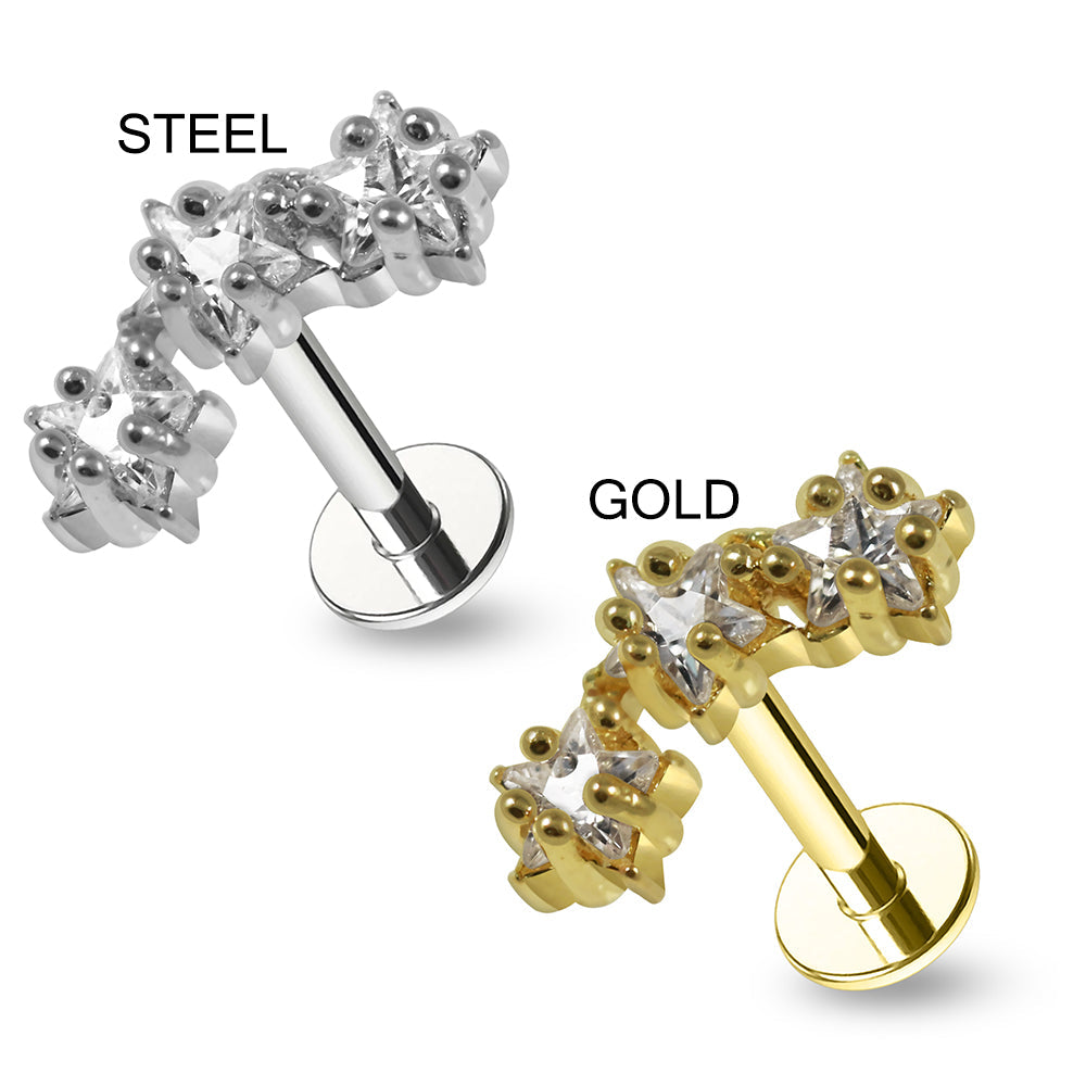 316L Surgical Steel Triple Star CZ Jewelled Flatback Stud - Monster Piercing