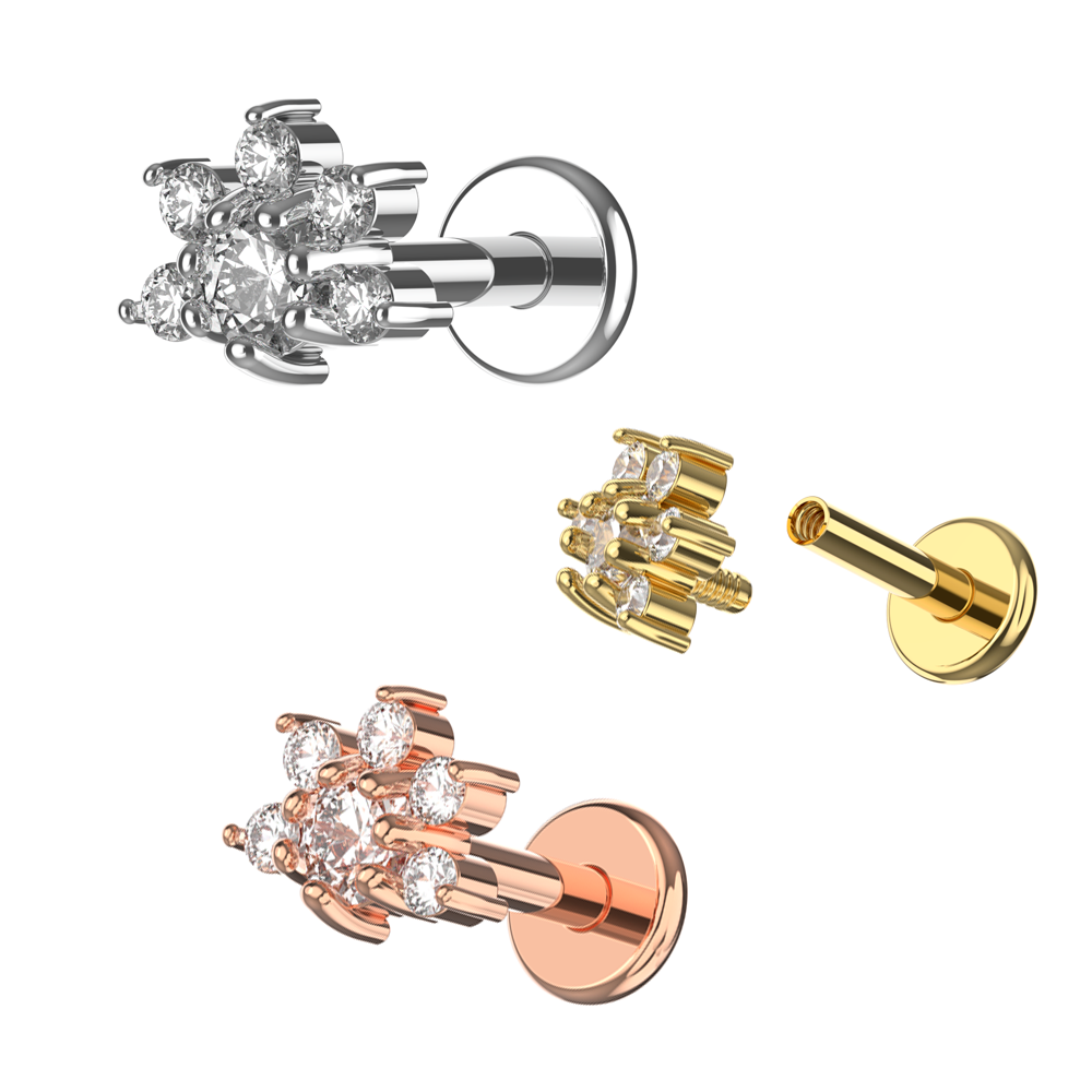 G23 Titanium CZ Jewelled Half Flower Internally Threaded Flatback Stud - Monster Piercing