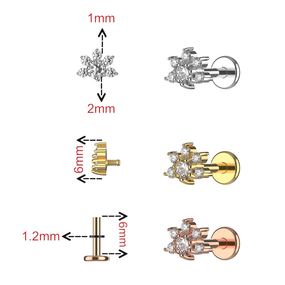 G23 Titanium CZ Jewelled Half Flower Internally Threaded Flatback Stud - Monster Piercing