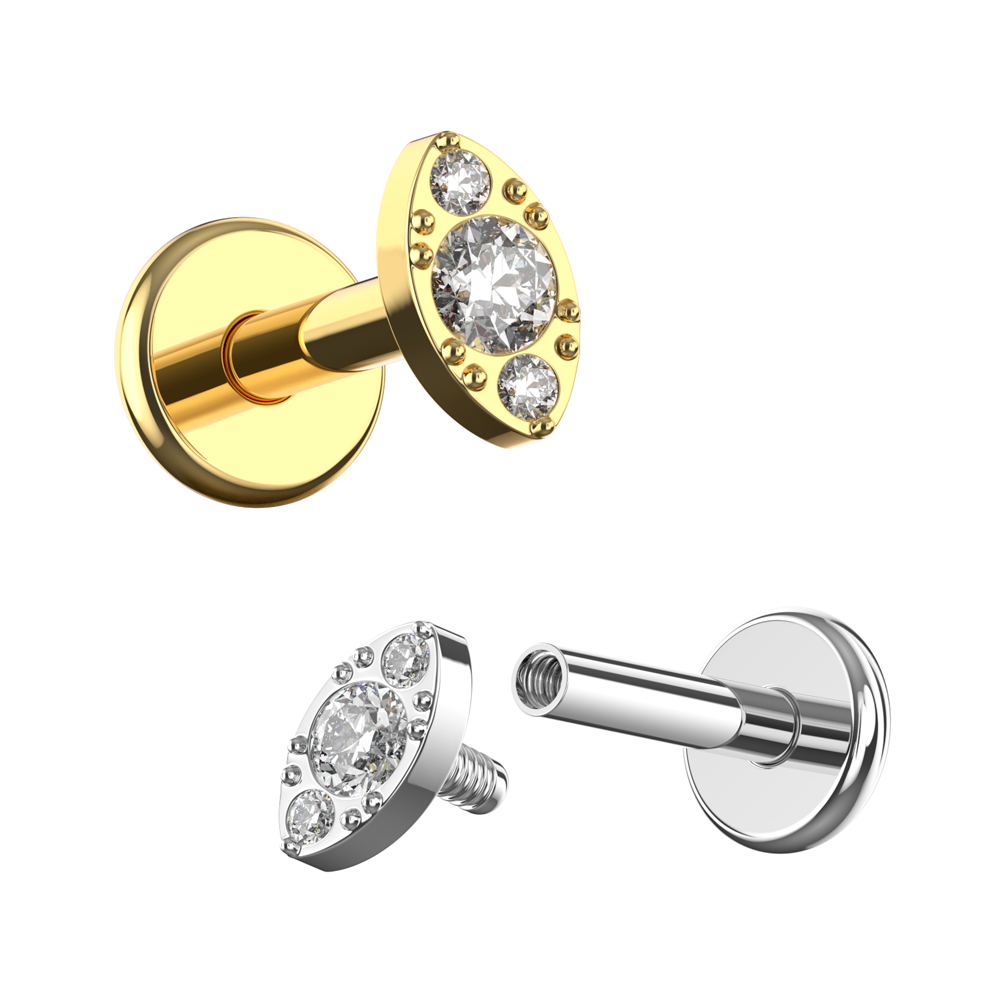G23 Titanium Vintage CZ Jewelled Marquise Internally Threaded Flatback Stud - Monster Piercing