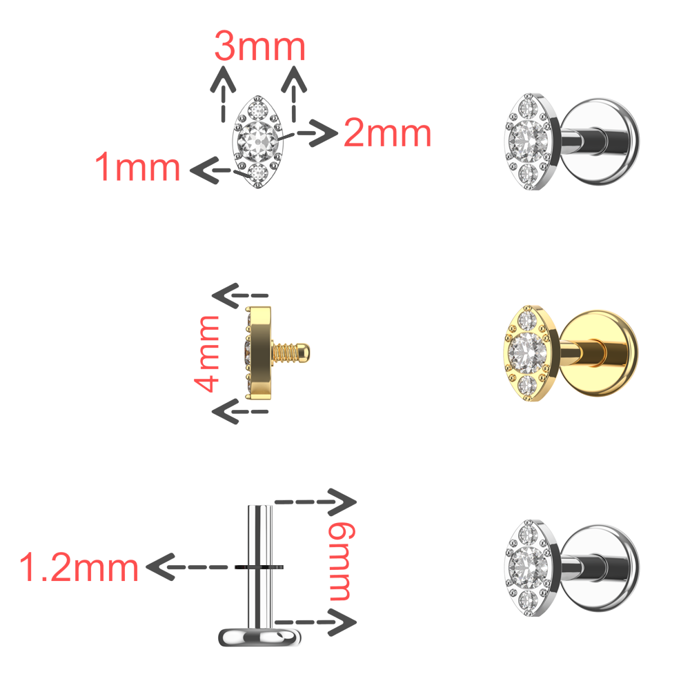 G23 Titanium Vintage CZ Jewelled Marquise Internally Threaded Flatback Stud - Monster Piercing