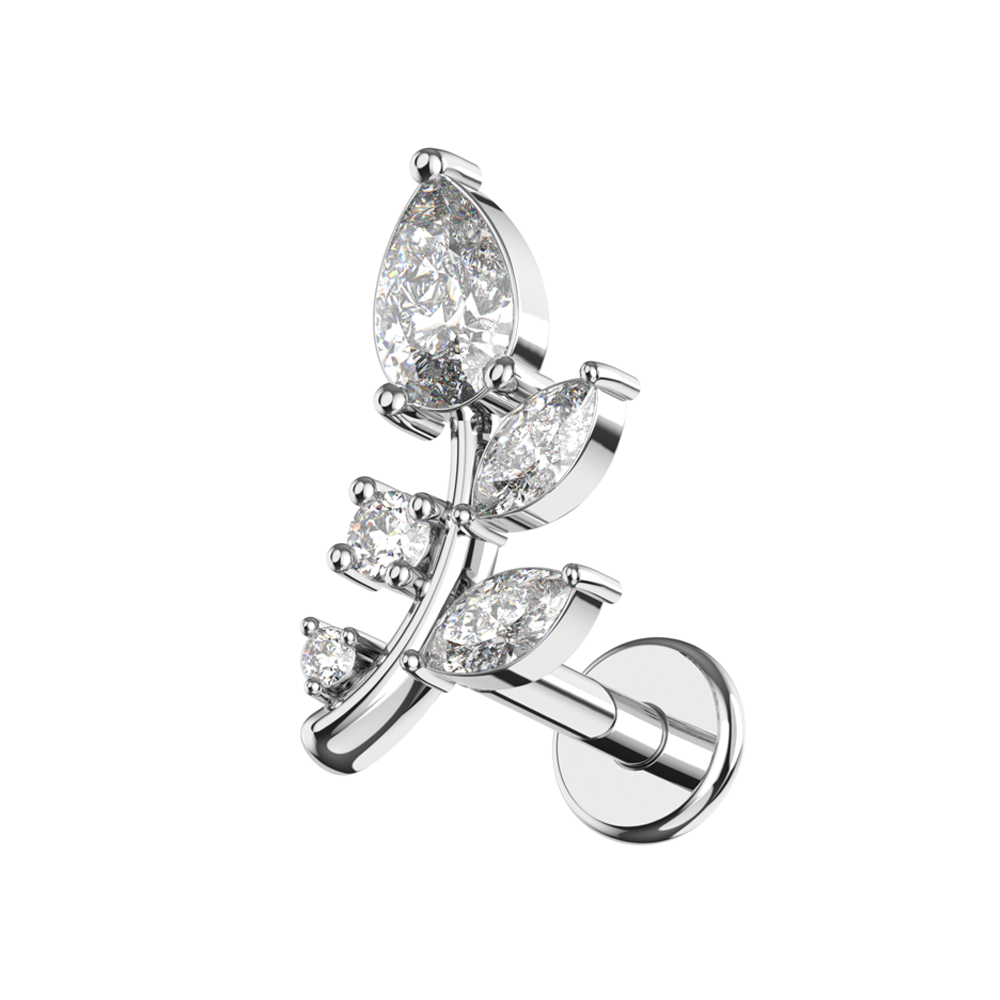 316L Surgical Steel Marquise and Round CZ Jewelled Floral Leaf Flatback Stud - Monster Piercing