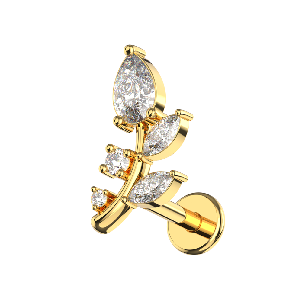 316L Surgical Steel Marquise and Round CZ Jewelled Floral Leaf Flatback Stud - Monster Piercing