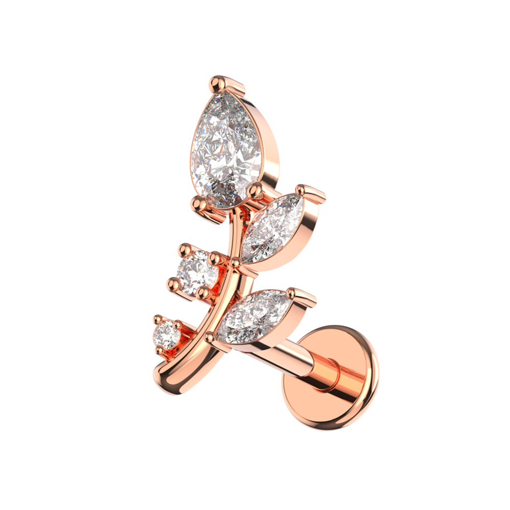 316L Surgical Steel Marquise and Round CZ Jewelled Floral Leaf Flatback Stud - Monster Piercing