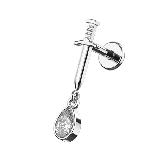 316L Surgical Steel Sword with Dangling CZ Tear Drop Flatback Stud - Monster Piercing