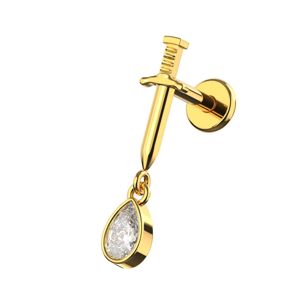 316L Surgical Steel Sword with Dangling CZ Tear Drop Flatback Stud - Monster Piercing