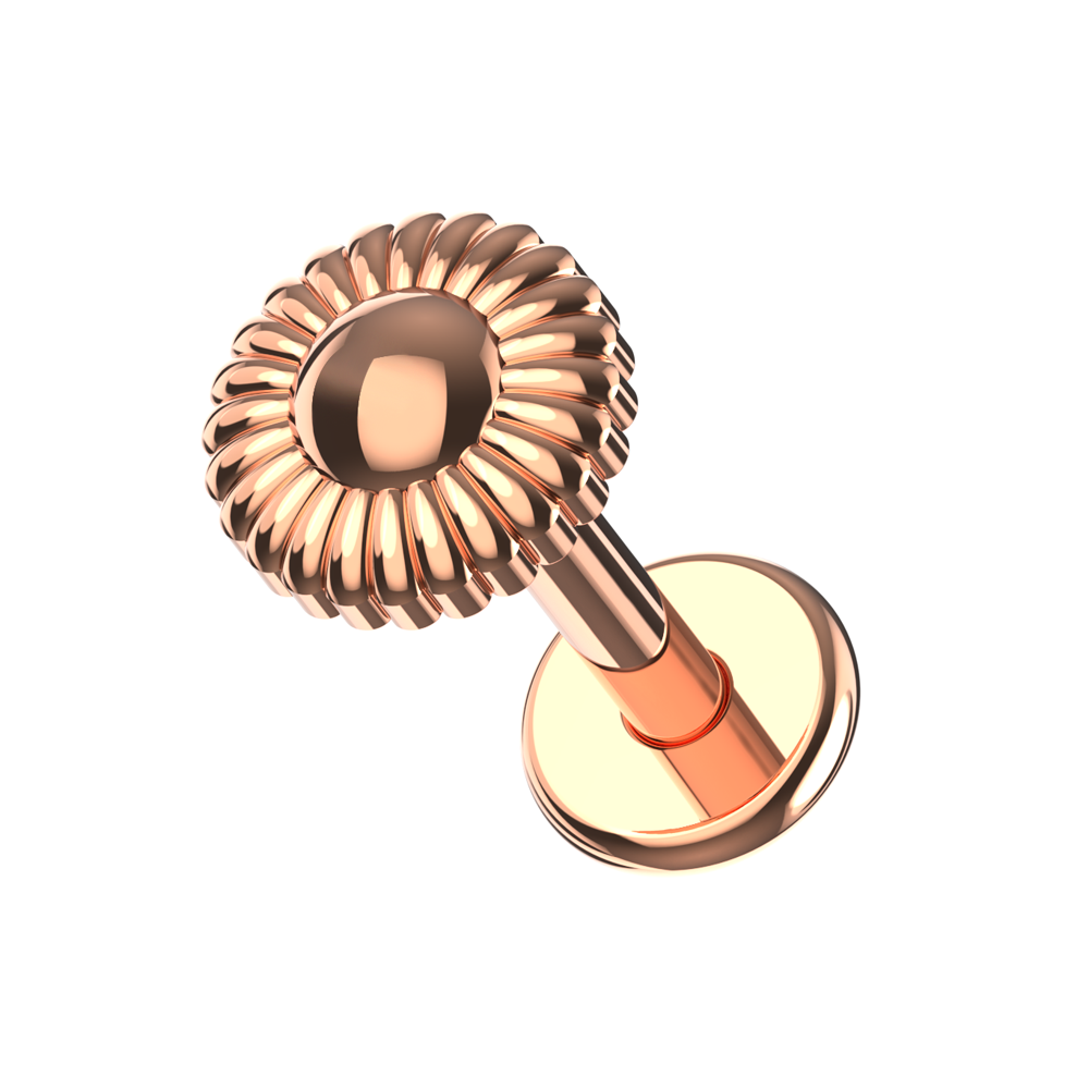 316L steel chamomile flower flat back stud in rose gold tone, ideal for cartilage, tragus, or helix piercings with internal threading.