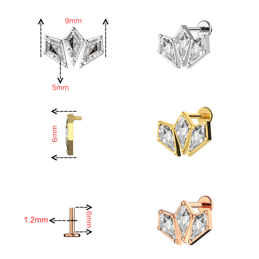 316L Surgical Steel Triple CZ Jewelled Coffin Design Internally Threaded Flatback Stud - Monster Piercing