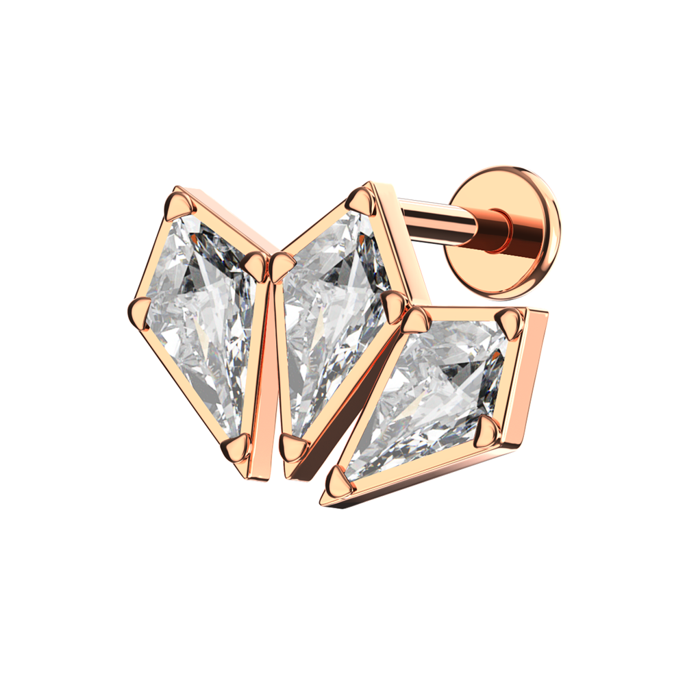 316L Surgical Steel Triple CZ Jewelled Coffin Design Internally Threaded Flatback Stud - Monster Piercing