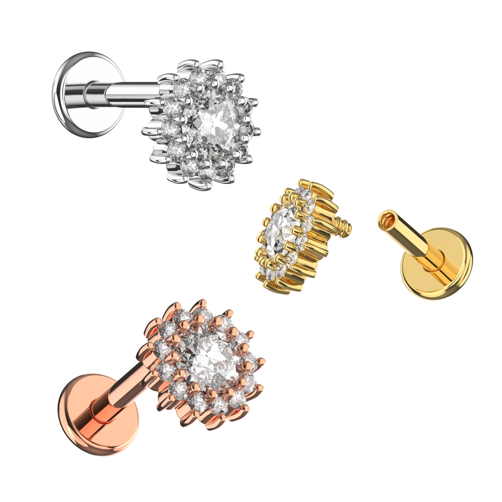 316L Surgical Steel CZ Jewelled Dahlia Zirconia Internally Threaded Flatback Stud - Monster Piercing