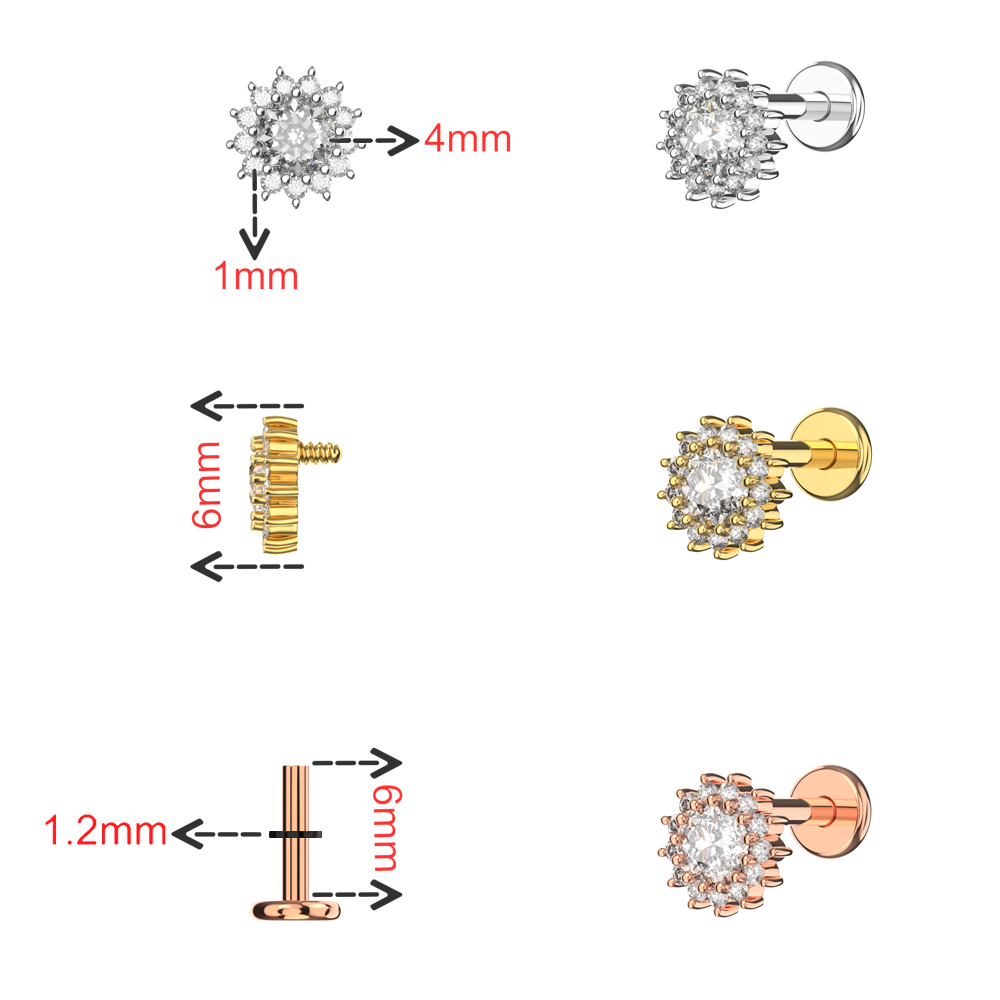 316L Surgical Steel CZ Jewelled Dahlia Zirconia Internally Threaded Flatback Stud - Monster Piercing