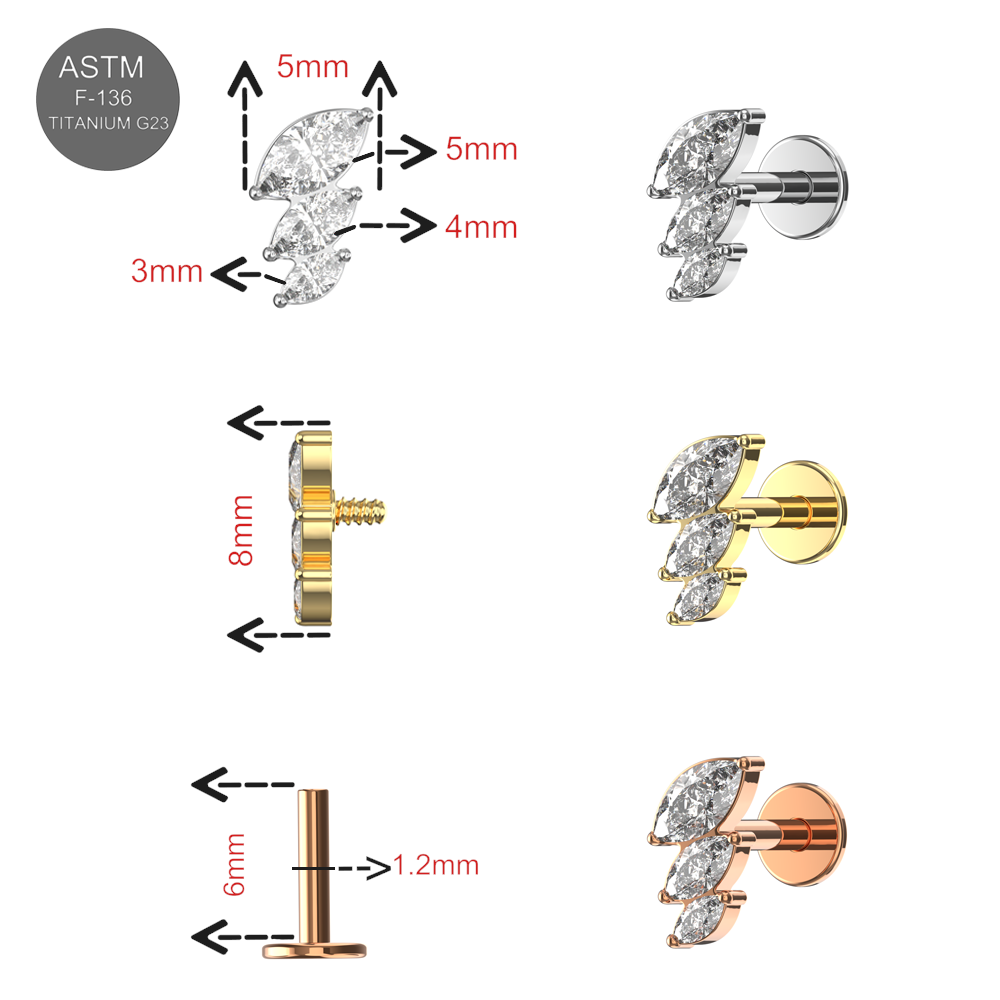 Detailed size chart of G23 Titanium Triple Marquise CZ Flat Back Stud showing dimensions and internal threading for secure fit.