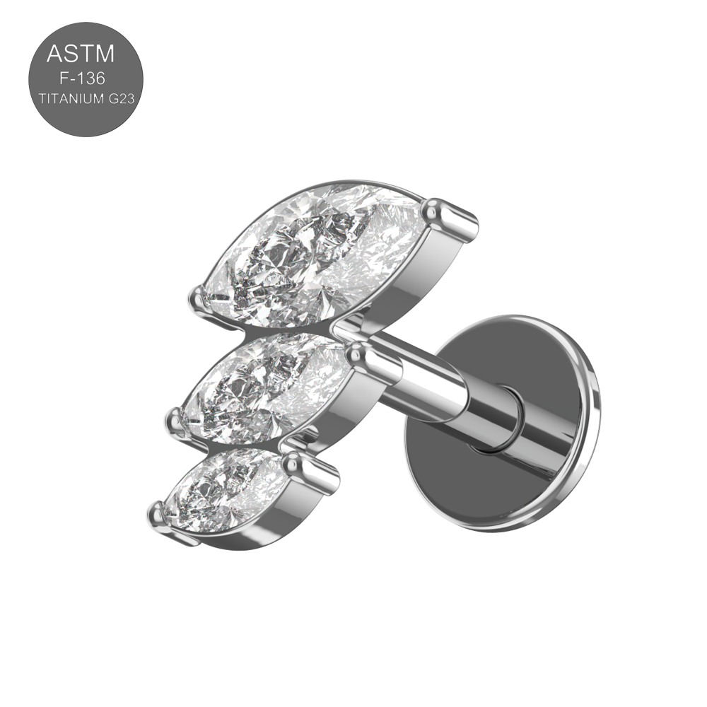 G23 Titanium Triple Marquise CZ Flat Back Stud in silver with internally threaded post, ideal for cartilage and helix piercings.