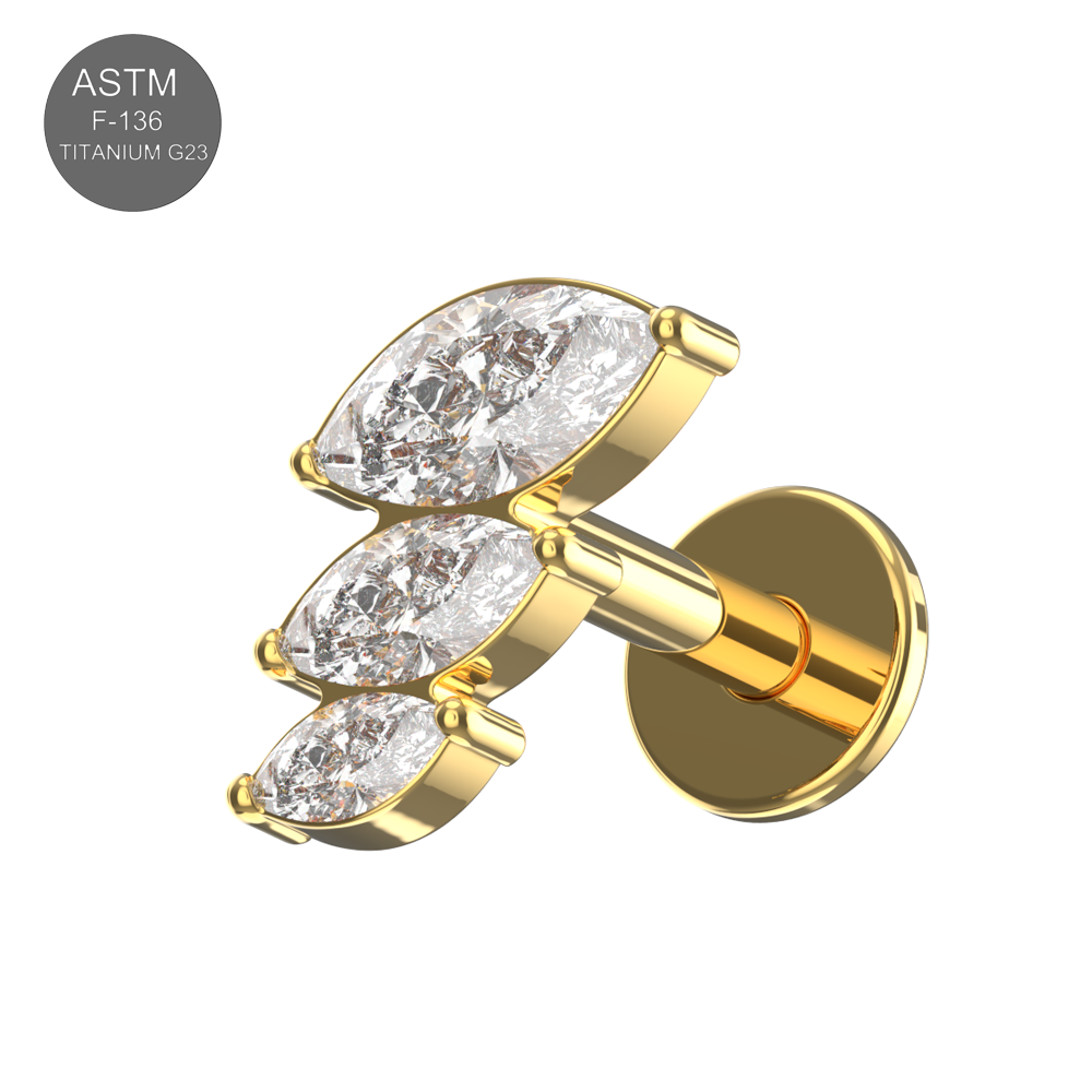 Gold G23 Titanium Triple Marquise CZ Flat Back Stud with sparkling cubic zirconia, designed for hypoallergenic body jewelry wear.