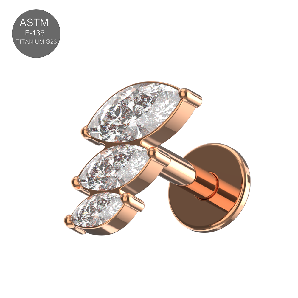Rose gold G23 Titanium Triple Marquise CZ Flat Back Stud featuring three marquise-cut CZ stones for elegant piercing aesthetics.