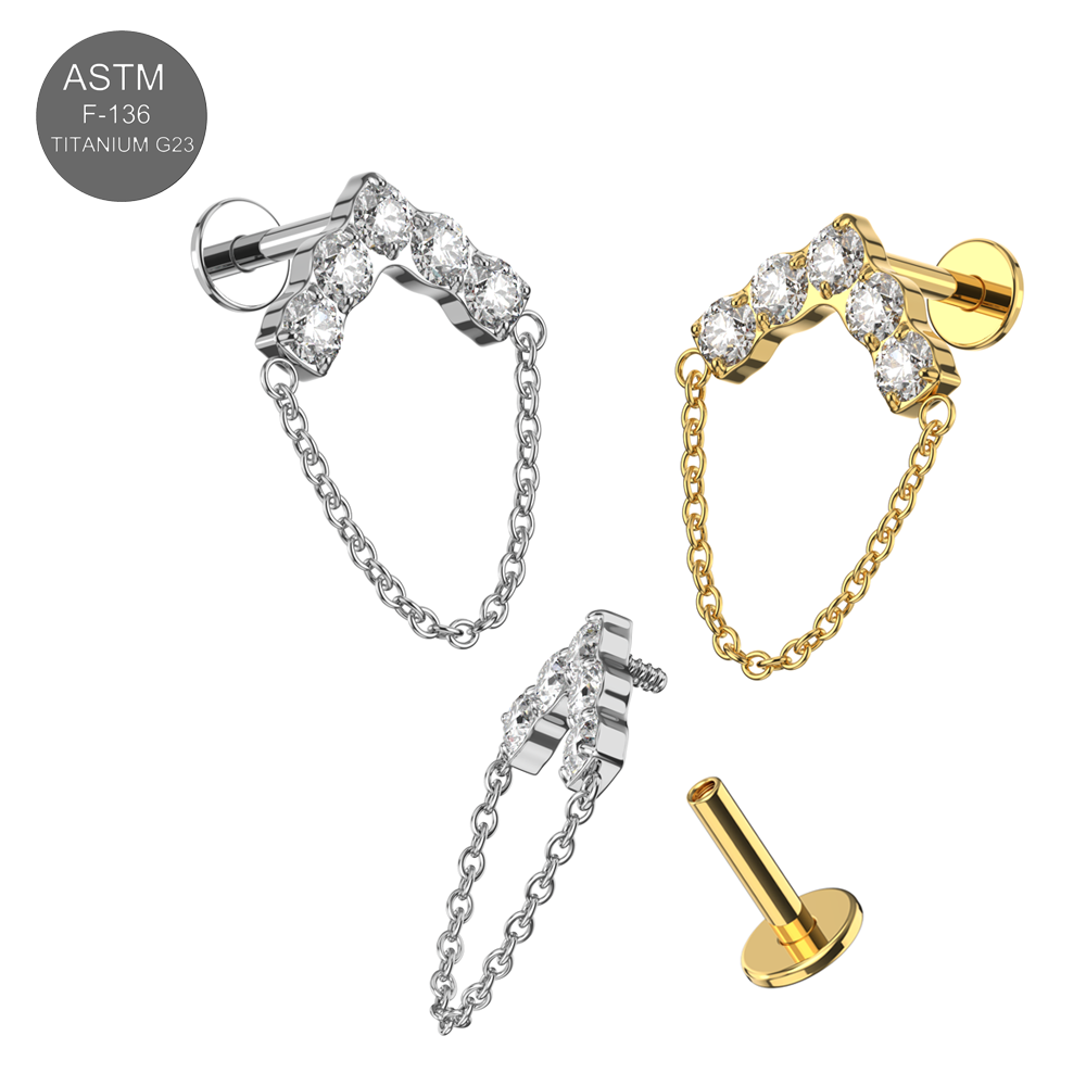 G23 Titanium CZ Jewelled Chevron V Shape Internally Threaded Flatback Stud - Monster Piercing