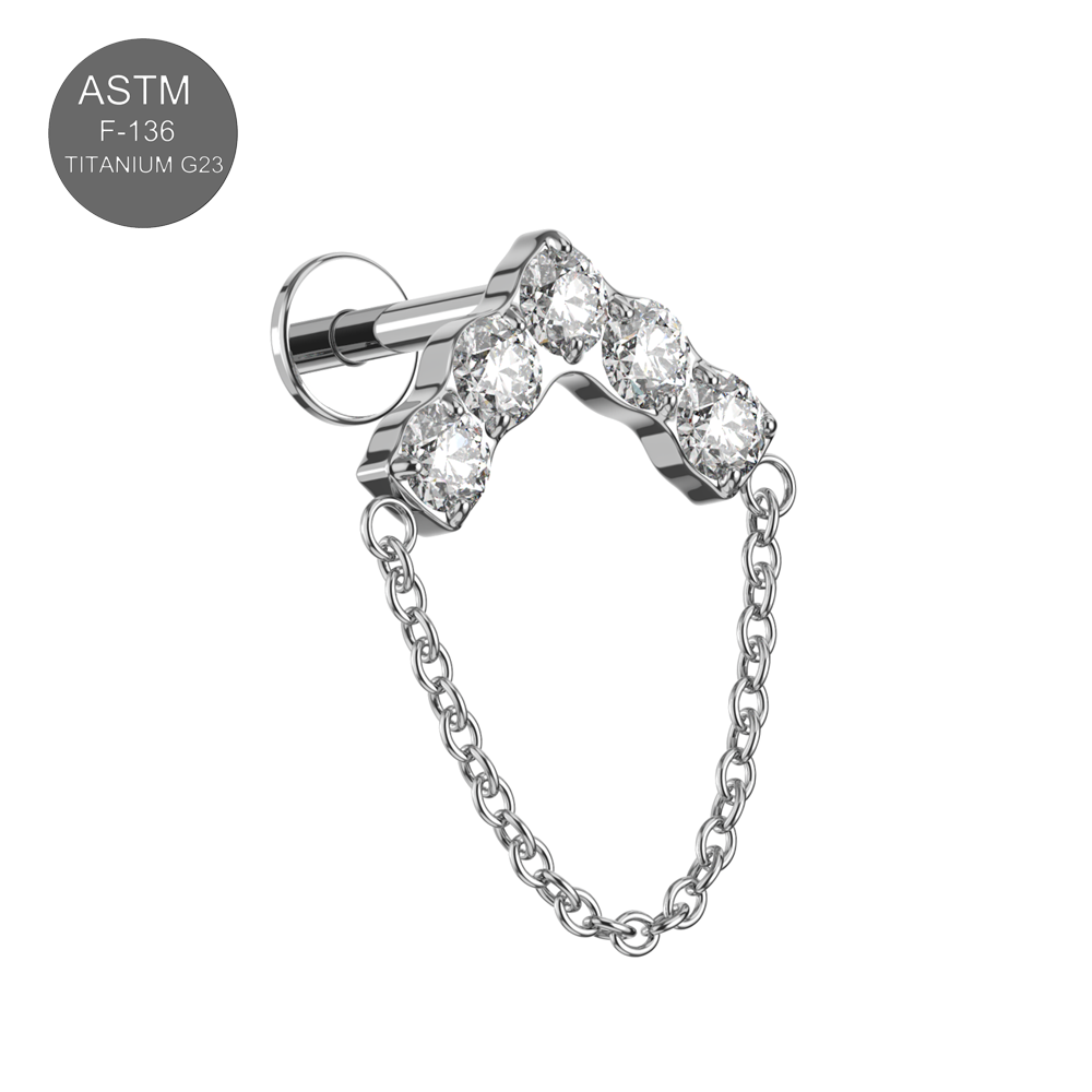 G23 Titanium CZ Jewelled Chevron V Shape Internally Threaded Flatback Stud - Monster Piercing