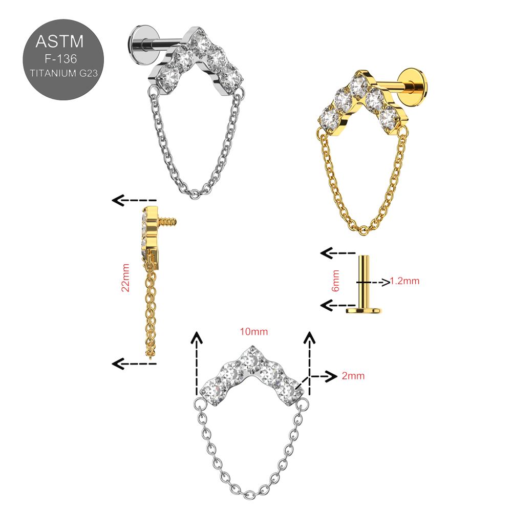 G23 Titanium CZ Jewelled Chevron V Shape Internally Threaded Flatback Stud - Monster Piercing