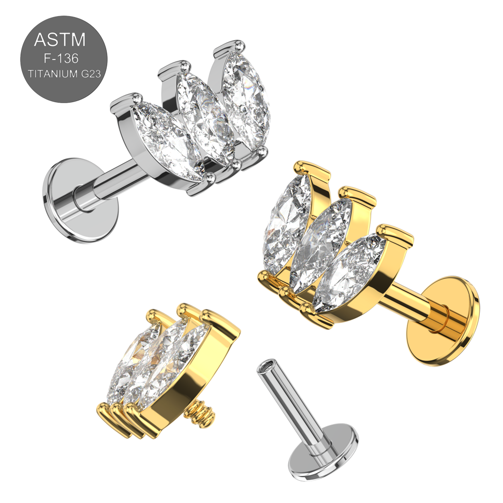 G23 Titanium Triple Marquise CZ Jewelled Internally Threaded Flatback Stud - Monster Piercing