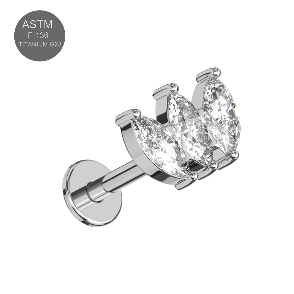 G23 Titanium Triple Marquise CZ Jewelled Internally Threaded Flatback Stud - Monster Piercing