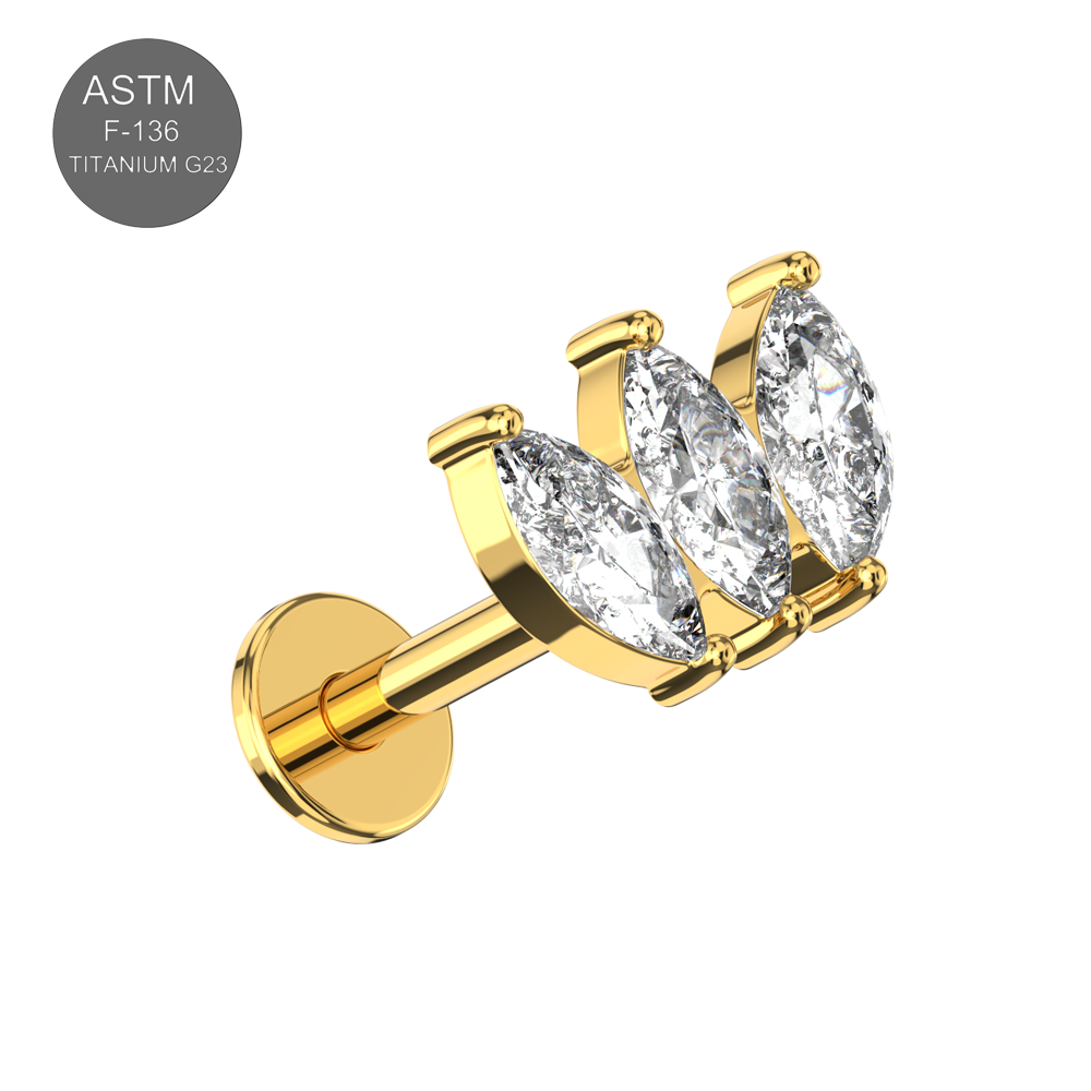 G23 Titanium Triple Marquise CZ Jewelled Internally Threaded Flatback Stud - Monster Piercing