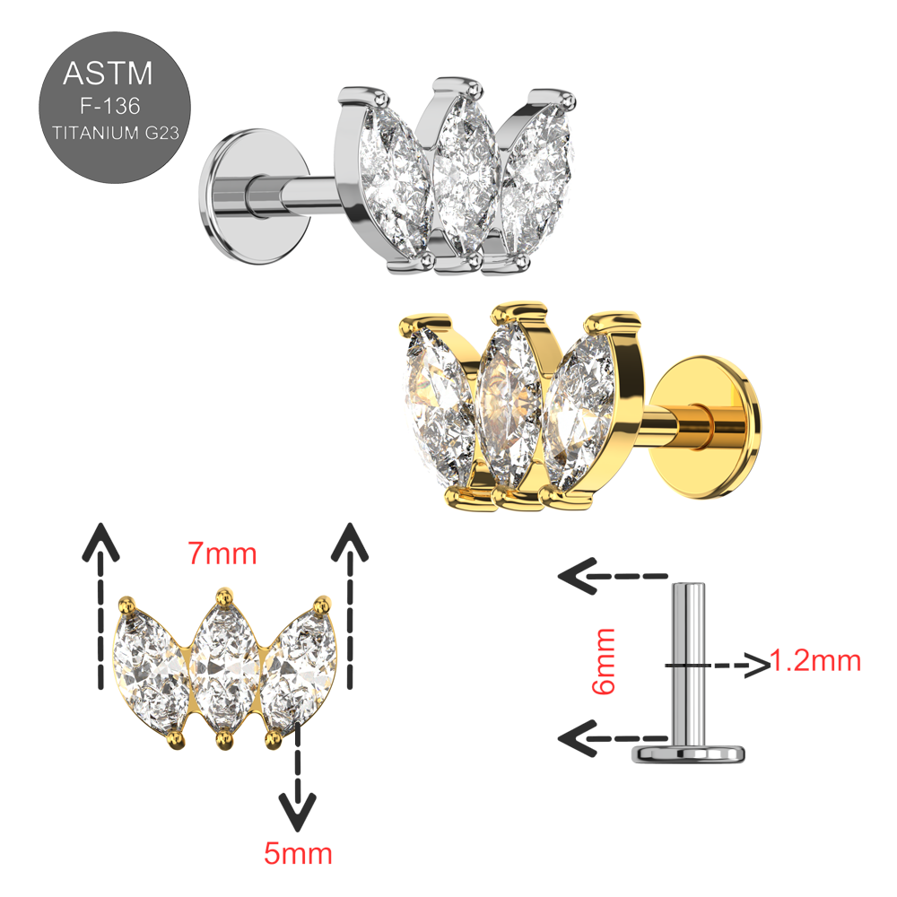 G23 Titanium Triple Marquise CZ Jewelled Internally Threaded Flatback Stud - Monster Piercing