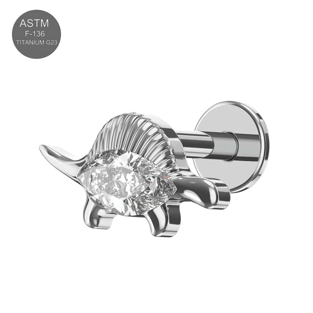 G23 Titanium Marquise CZ Jewelled Stegosaurus Internally Threaded Flatback Stud - Monster Piercing