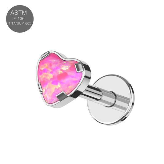 Heart Opal Jewelled Flat Back Stud in G23 Titanium with pink opal stone, ideal for cartilage piercings and hypoallergenic wear.