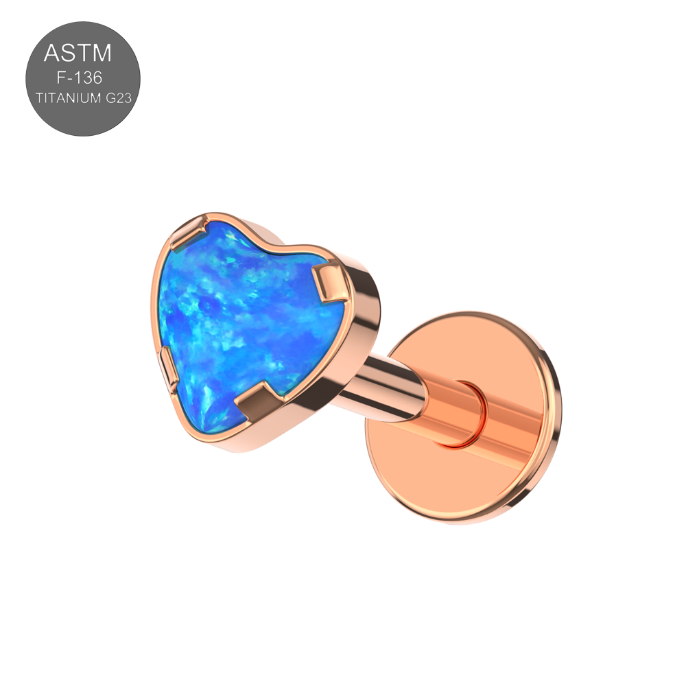 Rose gold Heart Opal Jewelled Flat Back Stud in G23 Titanium with blue opal, designed for cartilage and labret piercings.