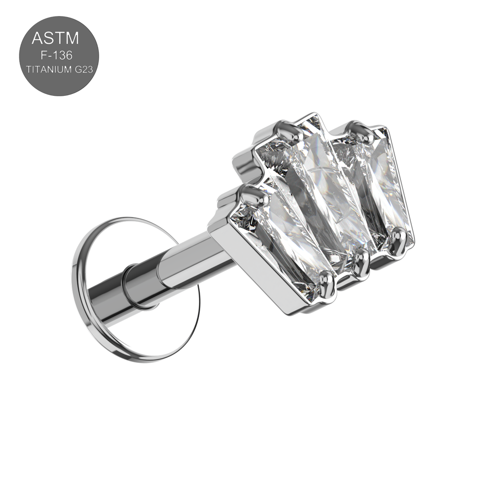 G23 Titanium Triple CZ Baguette Jewelled Internally Threaded Flatback Stud - Monster Piercing