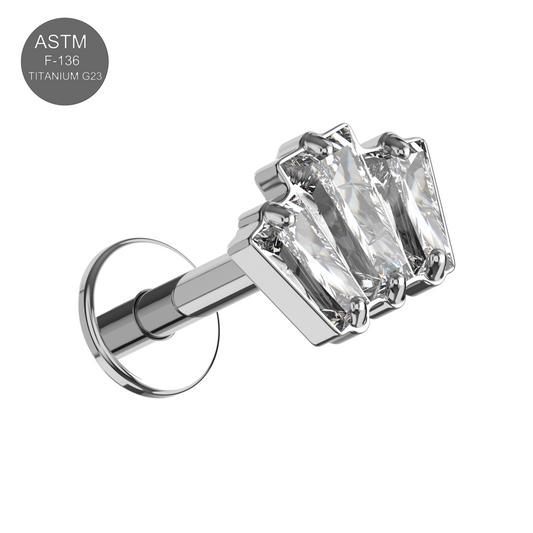 G23 Titanium Triple CZ Baguette Jewelled Internally Threaded Flatback Stud - Monster Piercing