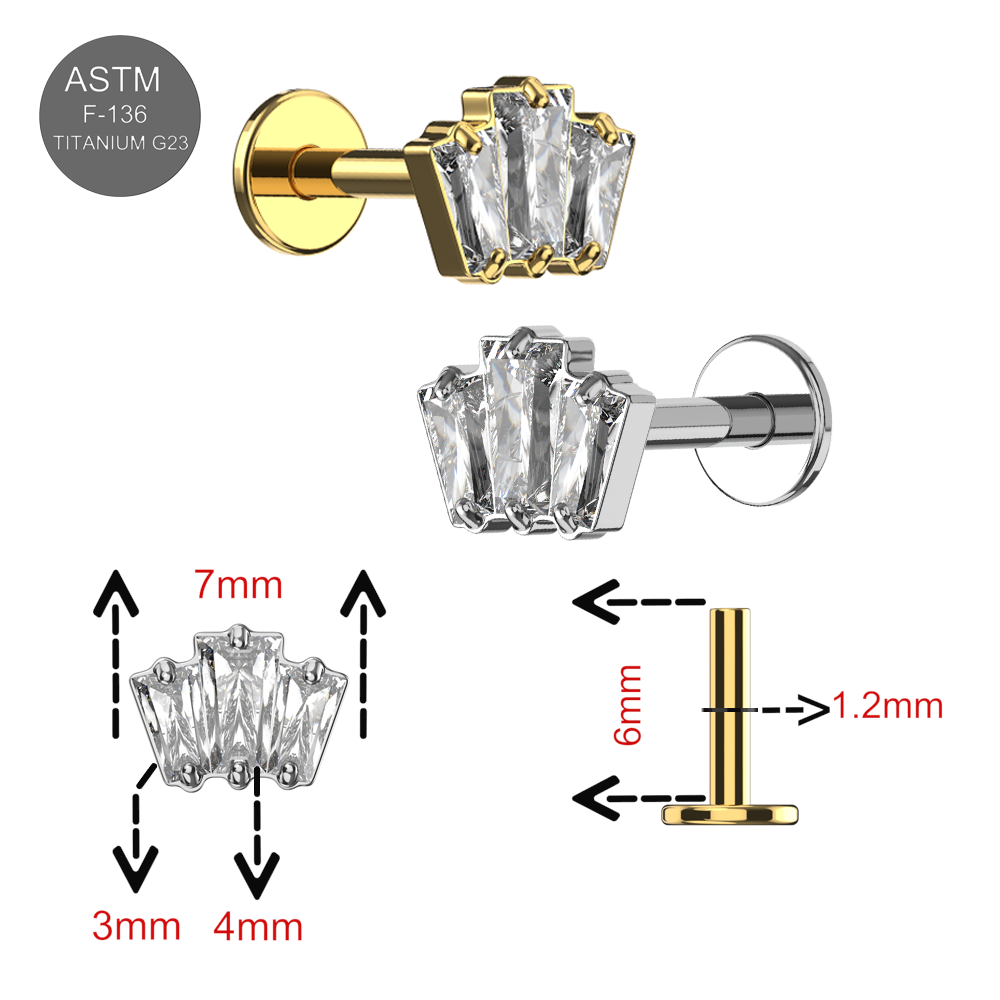 G23 Titanium Triple CZ Baguette Jewelled Internally Threaded Flatback Stud - Monster Piercing