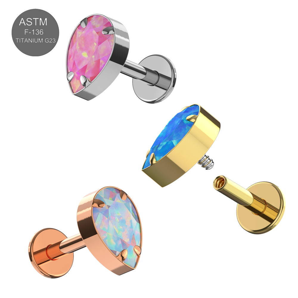 G23 Titanium Tear Drop Opal Jewelled Internally Threaded Flatback Stud - Monster Piercing