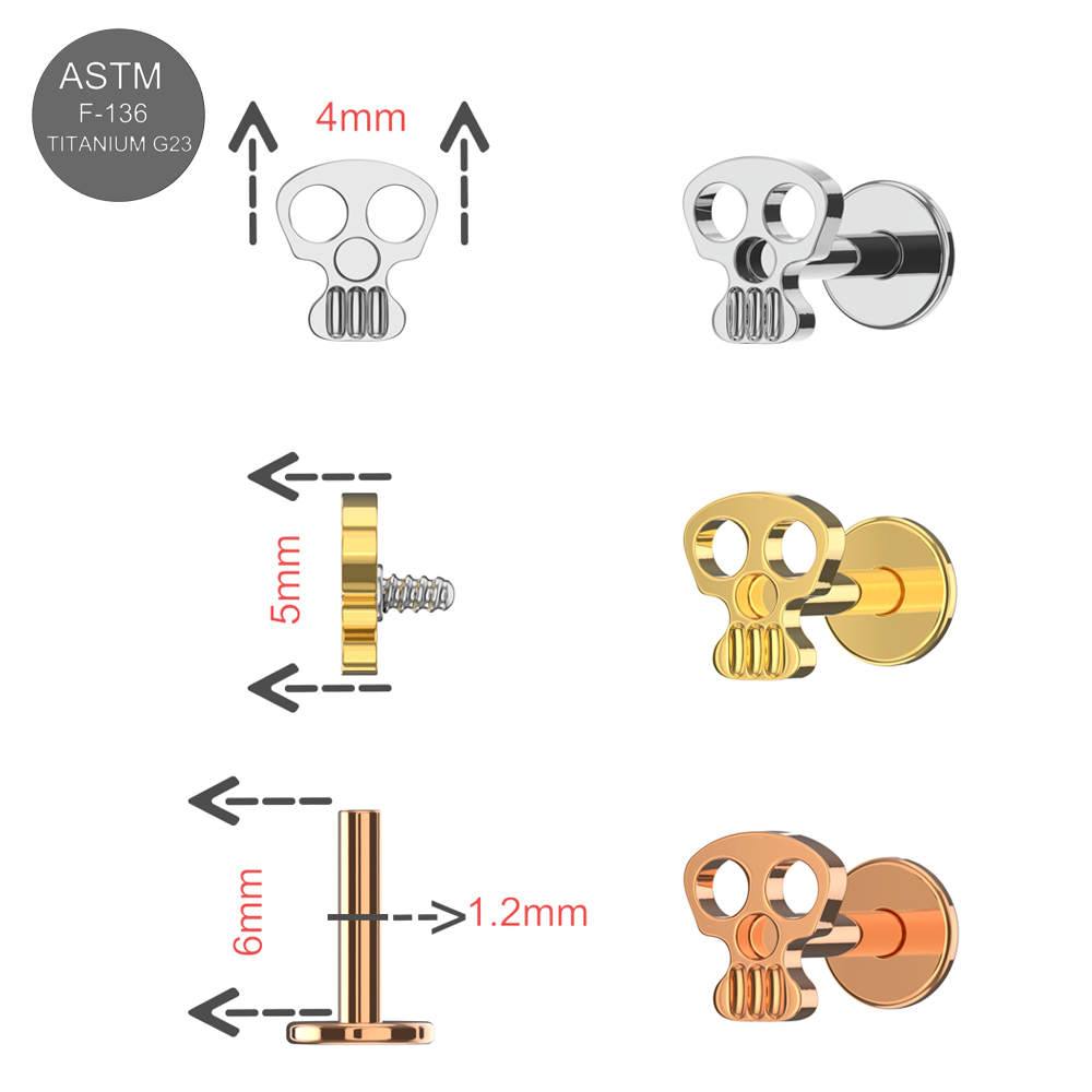 G23 Titanium Skull Internally Threaded Flatback Stud - Monster Piercing