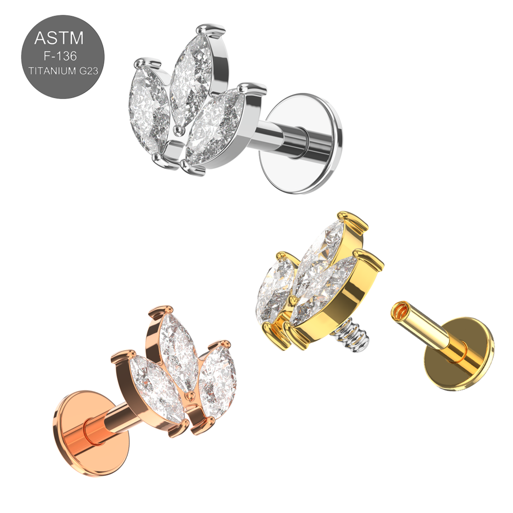 G23 Titanium Marquise CZ Jewelled Leaf Set Internally Threaded Flatback Stud Plain Gold Rose Gold
