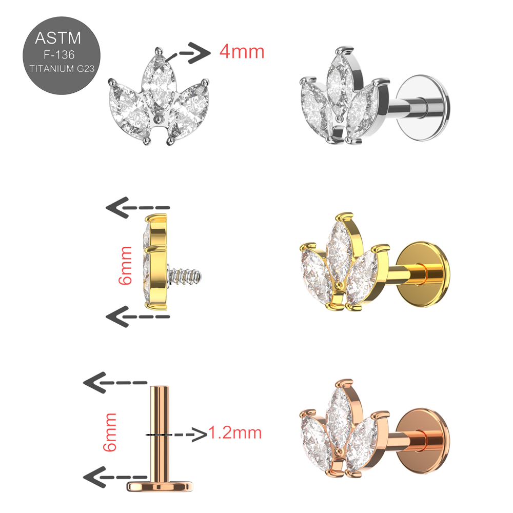 G23 Titanium Marquise CZ Jewelled Leaf Set Internally Threaded Flatback Stud Plain Gold Rose Gold
