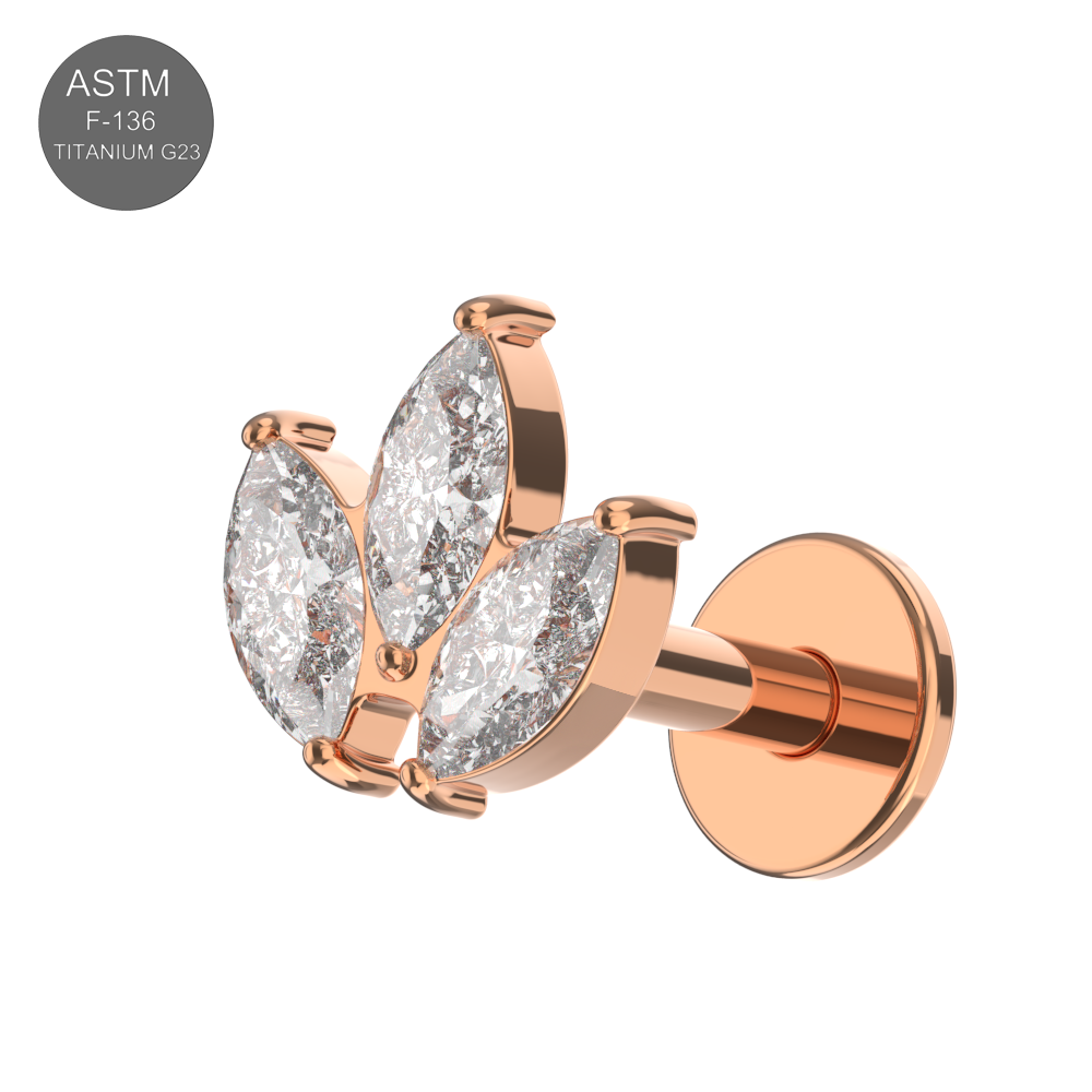 G23 Titanium Marquise CZ Jewelled Leaf Set Internally Threaded Flatback Stud Plain Gold Rose Gold