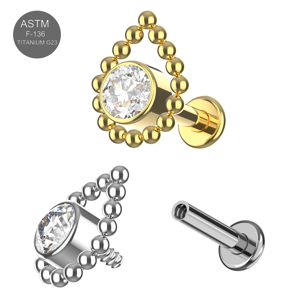 G23 Titanium Bezel Set CZ with Tear Shaped Internally Threaded Flat-Back Stud - Monster Piercing