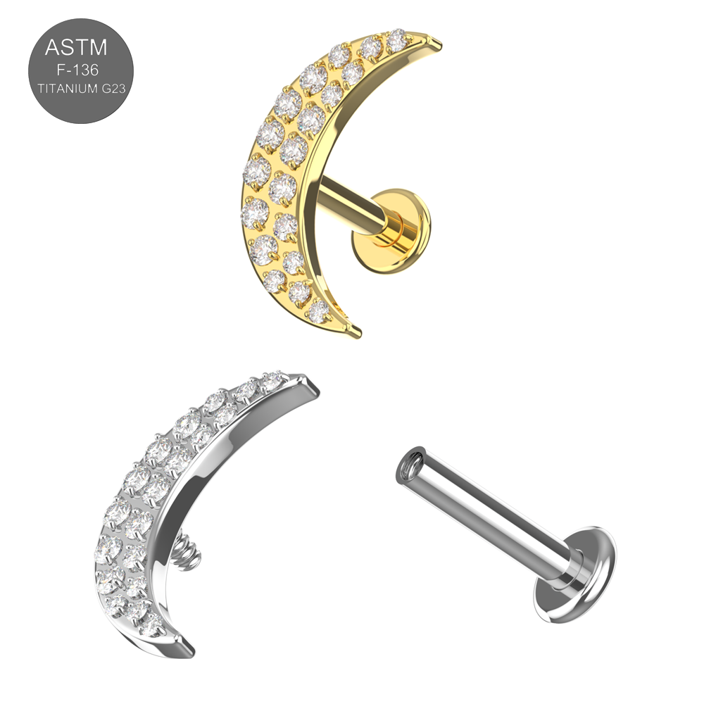 G23 Titanium CZ Jewelled Crescent Internally Threaded Flatback Stud - Monster Piercing