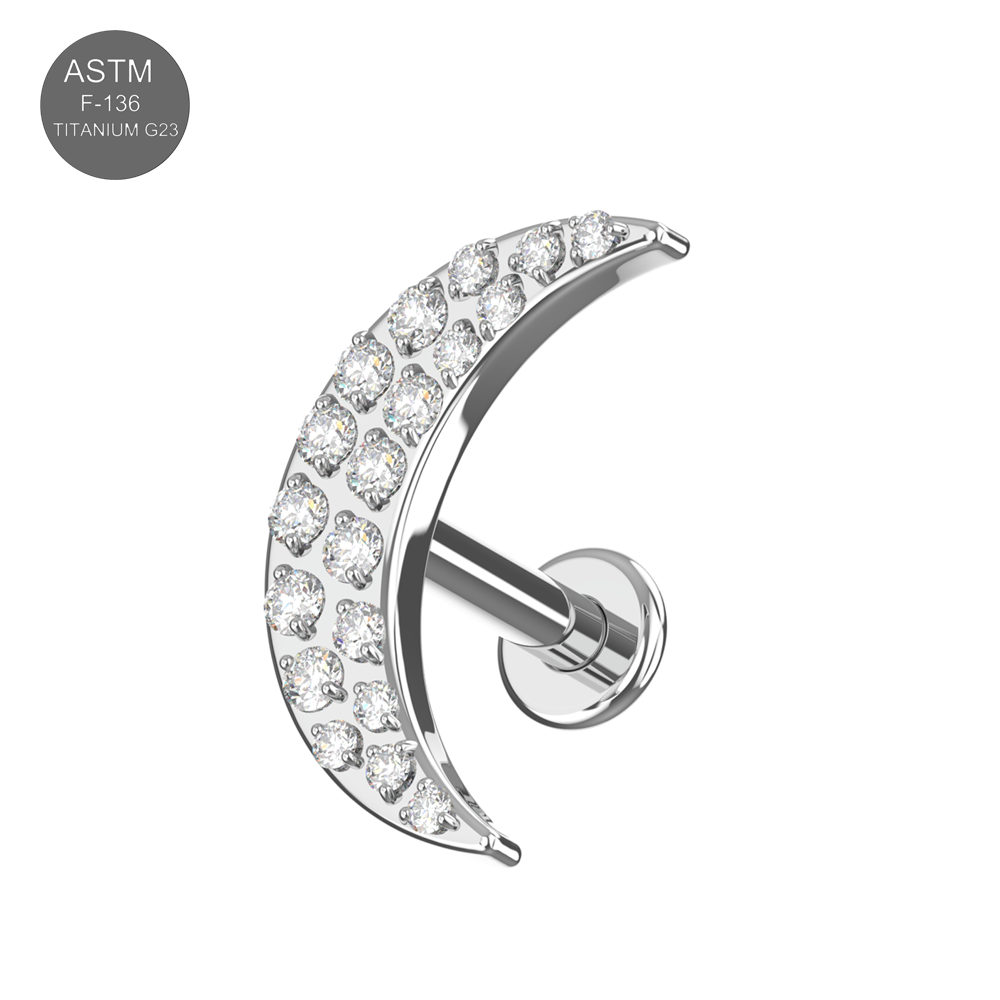 G23 Titanium CZ Jewelled Crescent Internally Threaded Flatback Stud - Monster Piercing