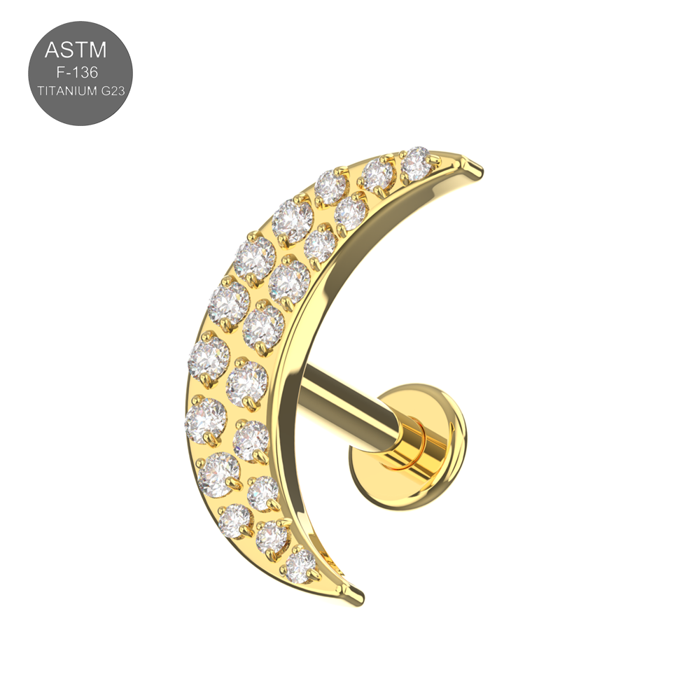G23 Titanium CZ Jewelled Crescent Internally Threaded Flatback Stud - Monster Piercing