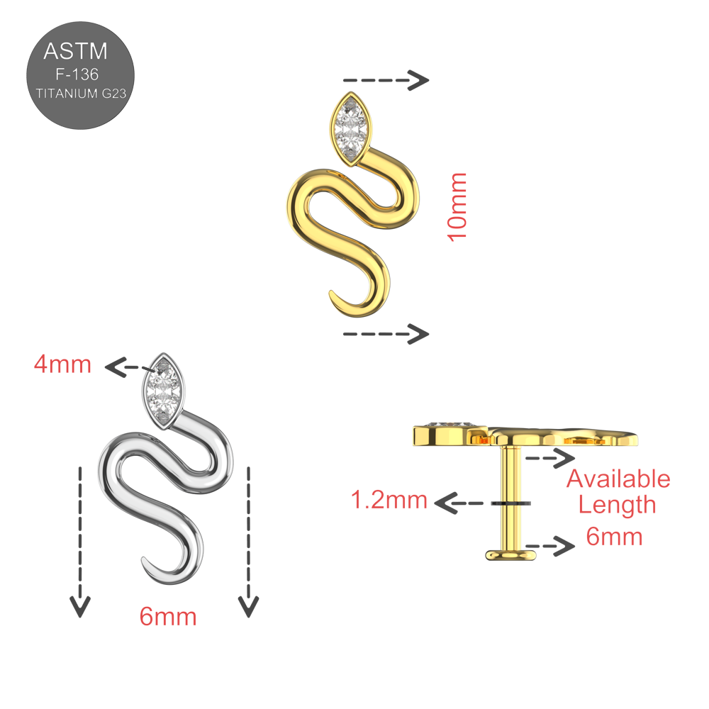 G23 Titanium Marquise CZ Snake Internally Threaded Flatback Stud - Monster Piercing