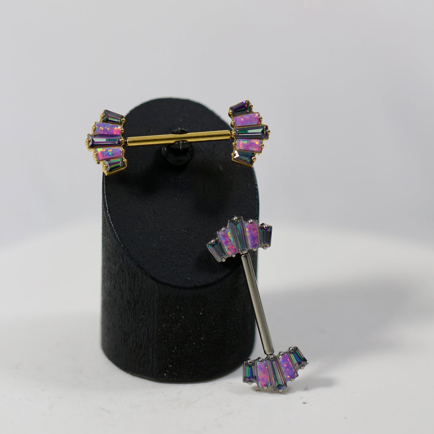 G23 Titanium CZ & Opal Jewelled Baguette Threadless Nipple Bar - Monster Piercing