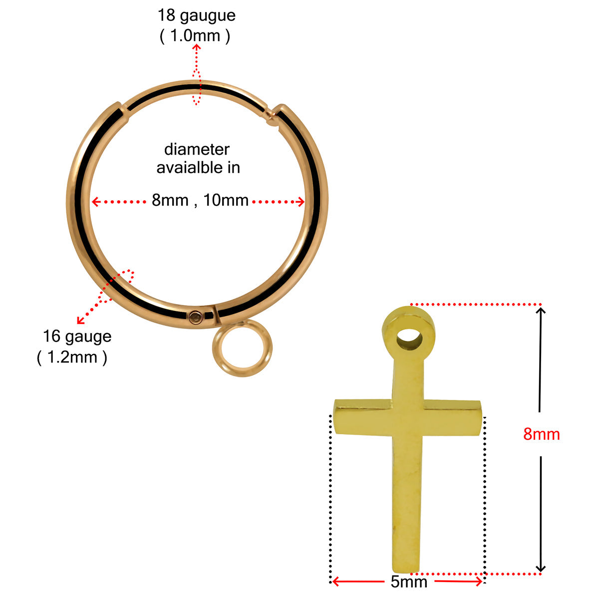 316L Surgical Steel CZ Jewelled Dangling Cross Hinged Earring Pair - Monster Piercing
