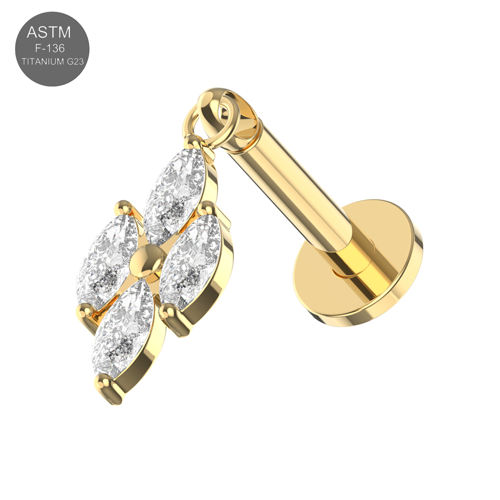 G23 Titanium 4 CZ Marquise Jewelled Thread-less Push-Fit With Flatback Stud - Monster Piercing