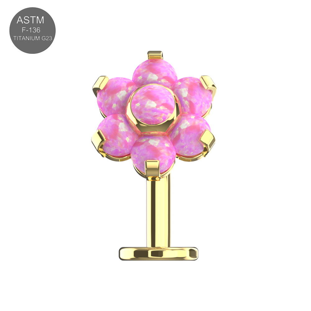 G23 Titanium Flower Opal Threadless Belly Ring in pink opal with floating design and gold-tone setting. Hypoallergenic and ideal for sensitive skin.