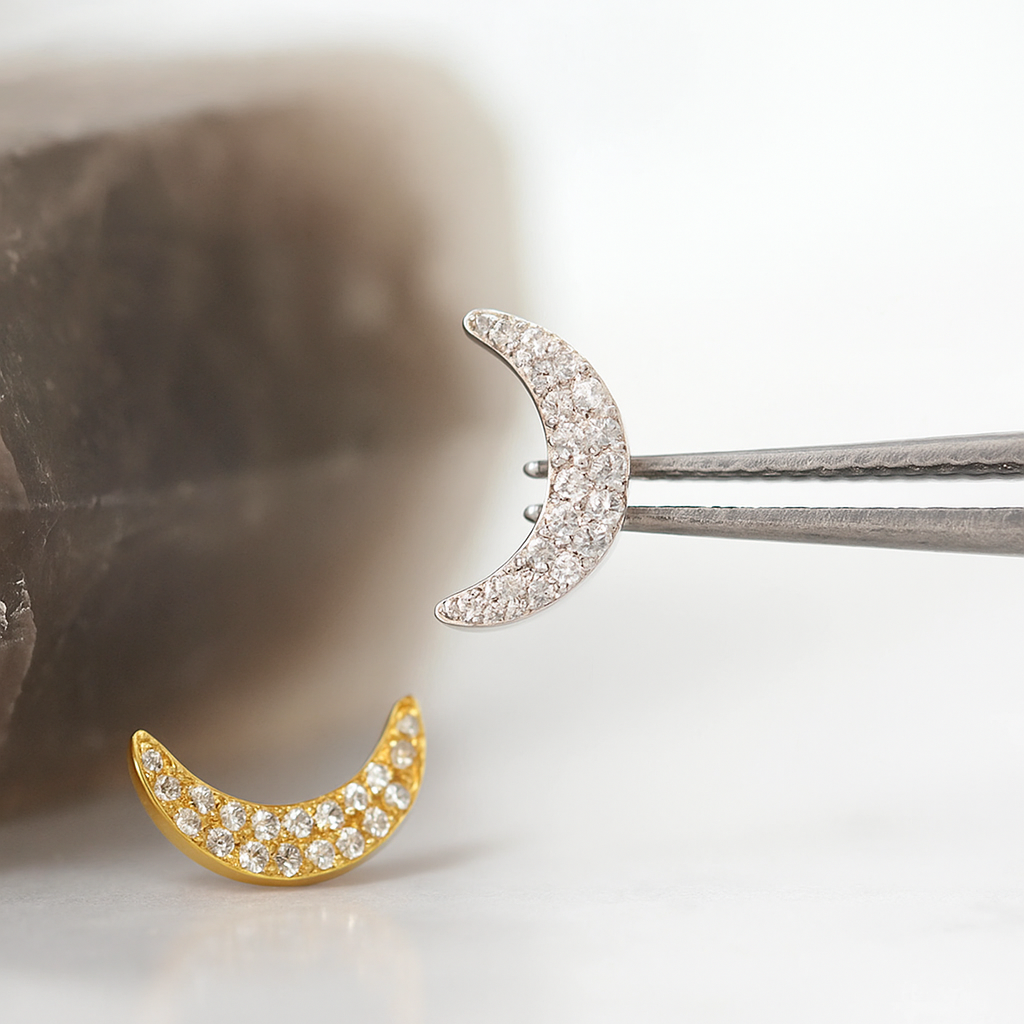 G23 Titanium CZ Jewelled Crescent Internally Threaded Flatback Stud - Monster Piercing